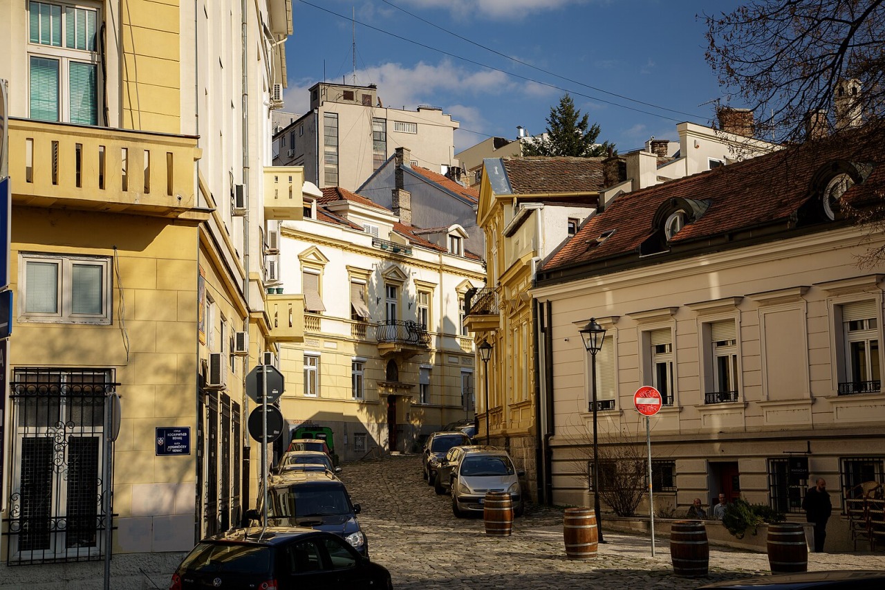 Historic cobbled street and buildings at Kosančićev venac in Belgrade