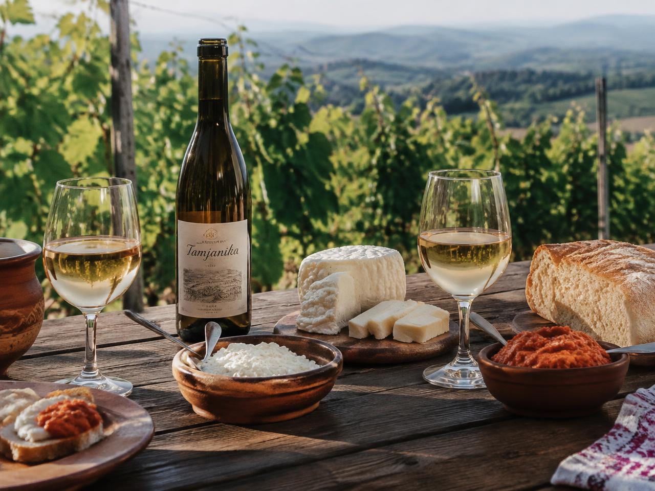 Local wine, cheese and seasonal dishes on a rustic wooden table