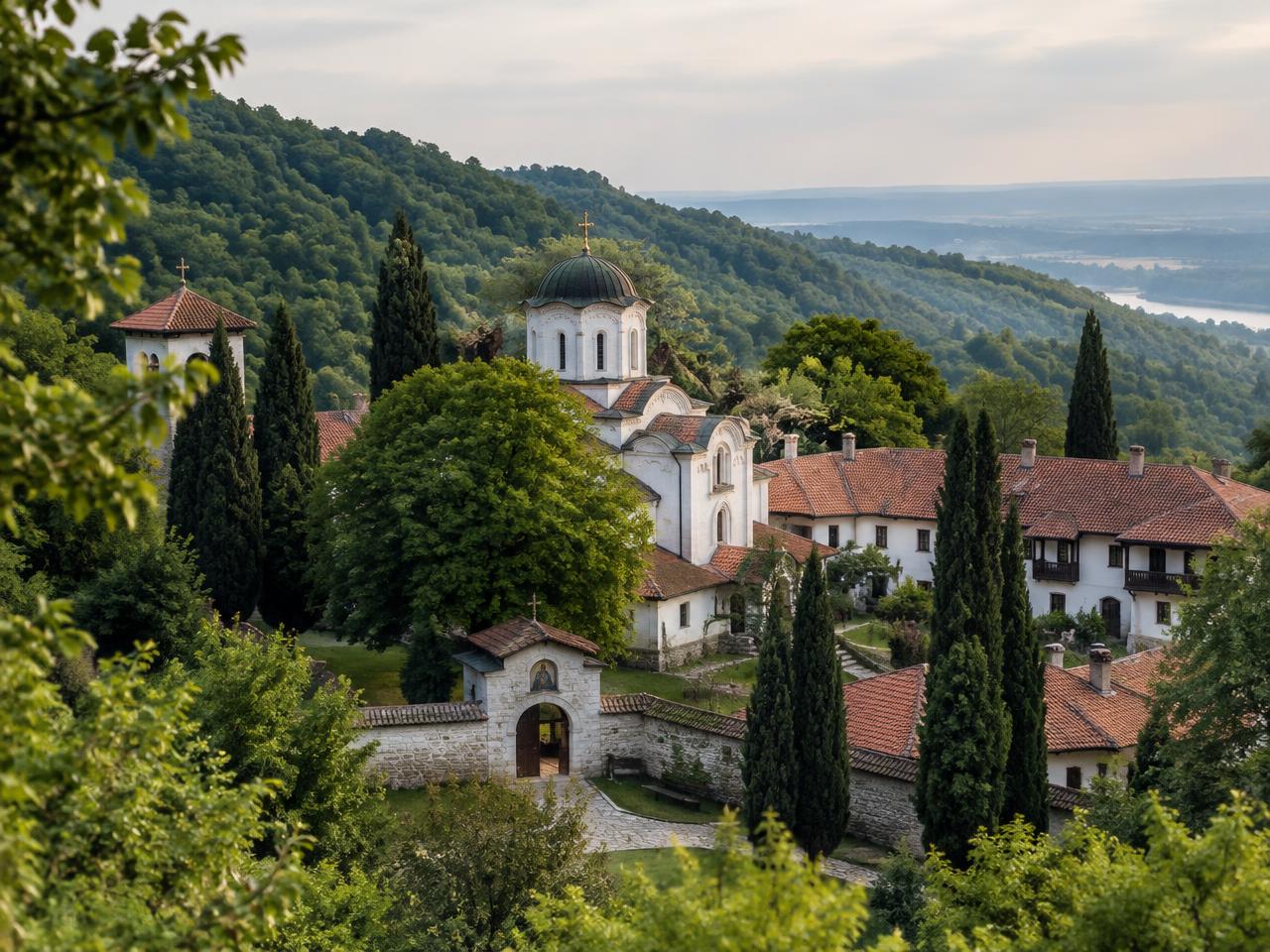 A monastery church among forested hills on Fruška Gora