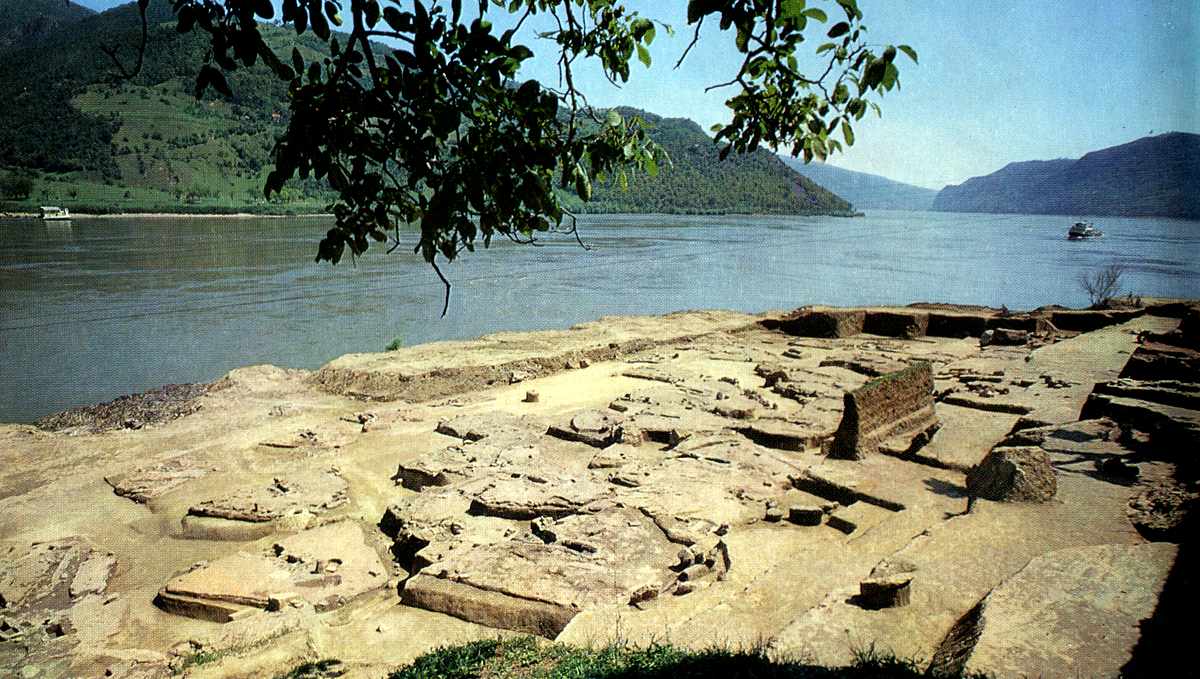 Stone foundations of the prehistoric Lepenski Vir settlement on the Danube bank
