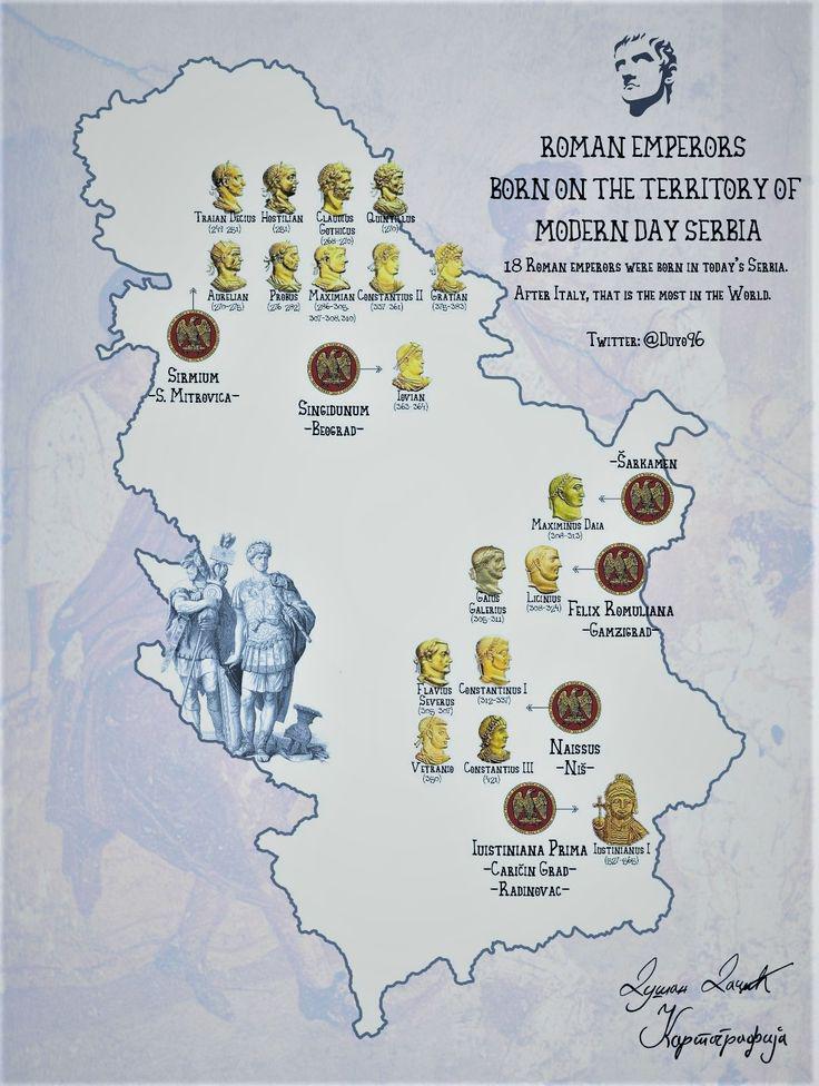 Illustrated map of Serbia showing Roman emperors born in the territory of modern Serbia