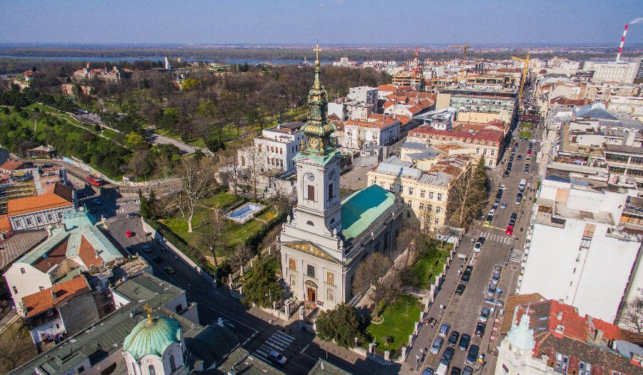 Aerial view of Saborna crkva and surrounding rooftops in Belgrade